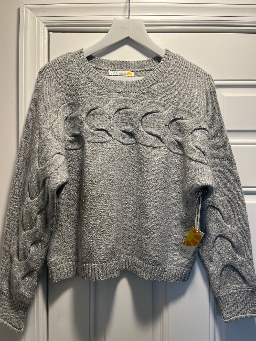 C&C California Light Gray Cable Crewneck Sweater